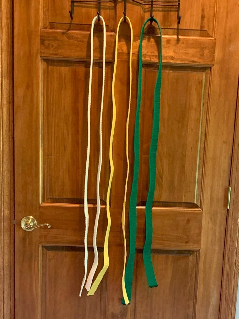 LOT OF 3 KARATE BELTS, WHITE, YELLOW, GREEN, APPROX. 92" LONG